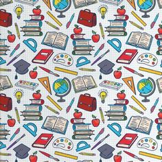 a white background with school supplies and books