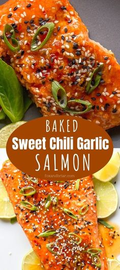 baked sweet chili garlic salmon on a white plate