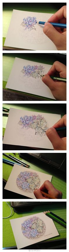 the process of drawing flowers on paper with colored pencils is shown in three different stages