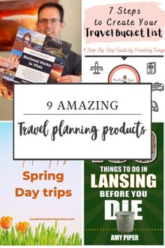 a collage of travel planning products