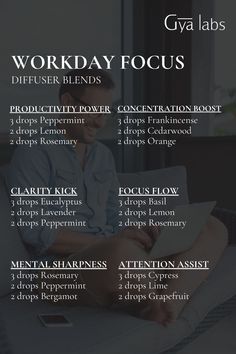 Power through your to-do list with our Workday Focus diffuser blends—keeping you sharp, energized, and in the zone all day long. 💼💡 #FocusMode  #GyaLabs #UpliftYourEveryday #essentialoils #summerseason #amazing #soulwisdom  #summer  #summervibes #abundance #abundancemindset #miracles #blessings #inspiration #NaturalCare #HealthyLiving #EssentialOils #woman Perfume Blends, Yl Oils, Candle Scents