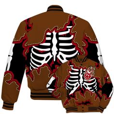 Brand Dunkare Archaeo Brown 5s Shirt Skeleton Smiley Face All Over Print Baseball Varsity Jacket Halloween Long Sleeve Outerwear With Skull Print, Cotton Long Sleeve Outerwear With Skull Print, Long Sleeve Cotton Outerwear With Skull Print, Fitted Outerwear With Skull Print And Long Sleeves, Halloween Cotton Outerwear With Skull Print, Casual Long Sleeve Outerwear With Skull Print, Cotton Fall Outerwear With Skull Print, White Long Sleeve Outerwear For Halloween, Red Casual Outerwear For Halloween