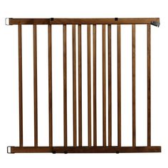 a wooden gate with metal bars on the top and bottom, against a white background