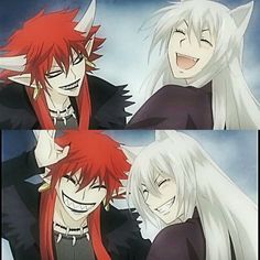 two anime characters one with red hair and the other with white hair, both smiling