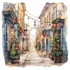 a watercolor painting of an alleyway with christmas decorations and lights on the windows