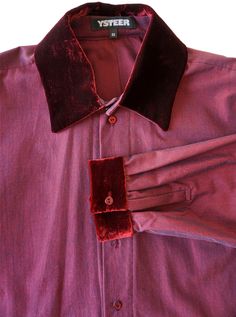 "SHIRT with velvet collar and velvet cuff (silk velvet) Slots in the side Back longer than front  Hand-stitched buttons SIZE: German Size 50/L = UK/US Size 40: Measure of Shirt: Neck circumference about 16,5\" / 42 cm Width of the shirt in the chest about 47\" / 120 cm Length of the shirt (measured in the back) about 31,5\" / 80 cm, Front 2,4\"/ 6 cm shorter Shoulder width + sleeve length about 31,5\" / 80 cm FABRIC: 80% Cotton/ 20% Viscose, Collar + Cuff: Silk Velvet   CARE: cleaning All YSTEER items are manufactured in small edition in our studio." Classic Burgundy Collared Shirt, Velvet Shirt Men, Victorian Shirt, Studs For Men, Mens Dress Shirts, Colored Rope, French Cuff Shirts, Velvet Collar, Velvet Shirt