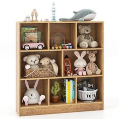 a wooden shelf filled with lots of stuffed animals next to bookshelves and toys