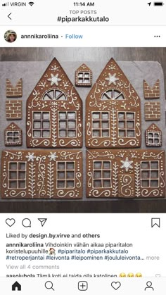 some kind of gingerbread house with windows and snowflakes on the roof is posted on instagram