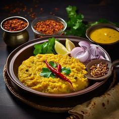 a plate filled with food next to other bowls and spices on a wooden table top