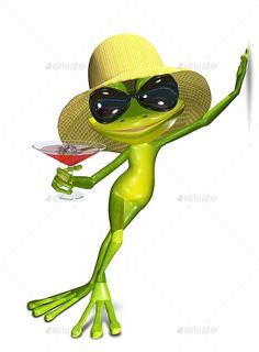 a cartoon frog wearing sunglasses and a straw hat holding a wine glass - people characters