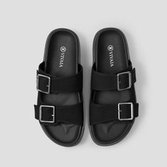 Nikki Dual Adjustable Buckle Slides in Black Woven | VIVAIA High Arches, Black Weave, Font Face, Medical Professionals, Gray Background, First Order, Cleaning Clothes, Black Friday, Slides