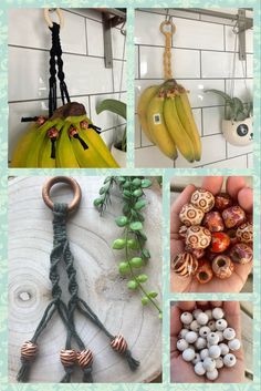 there are pictures of bananas hanging on the wall and below them is an ornament