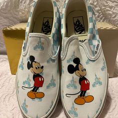 Bnwt And In Original Box, Super Cute Disney 50th Anniversary Vans With The Main Mouse, Mickey! Women’s 7.5 Men’s 6. Disney Themed Slip-on Sneakers For Disney Trips, Disney White Sneakers With Mickey Mouse Detail, Disney White Sneakers With Mickey Mouse, White Disney Mickey Mouse Sneakers, Disney White Mickey Mouse Sneakers, Themed White Low-top Sneakers, Vans Comfy Cush, White Slip On Vans, Shoes Disney