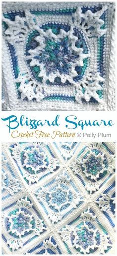 the blue and white crocheted square is shown in two different pictures, one has a