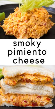 two pictures with different types of food and the words smoky pimentoo cheese