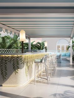 an artist's rendering of a bar with palm trees in the backgroud