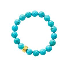 Faceted Turquoise Magnesite 22k gold plate Logo spacer Hand made in our TX studio Custom size upon request Plate Logo, Turquoise Bead Bracelet, Jewelry Turquoise, Monogrammed Items, Beaded Stretch Bracelet, Turquoise Beads, 22k Gold, Turquoise Jewelry, Bead Bracelet