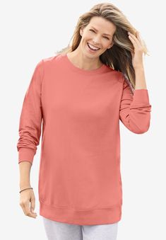 This essential long sleeve sweatshirt comes with a comfy fit and longer length. A classic V-stitched crewneck along with a ribbed hem and cuffs add a casual Basic Sweatshirt, Mix Of Colors, V Stitch, Fleece Sweatpants, Woman Within, Fashion Hoodies, Swimsuits For All, Womens Fleece, Fleece Sweatshirt