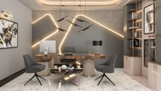 a modern office with marble flooring and wooden desk surrounded by grey chairs, artwork on the wall