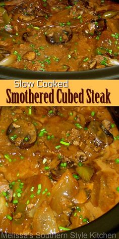 slow cooker smothered cubed steak with mushrooms and green onions in a brown sauce