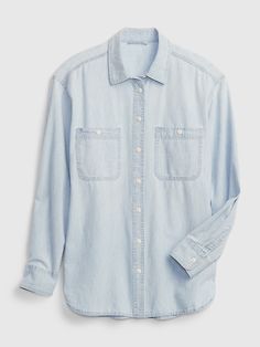 Chambray Denim Big Shirt | Gap Denim Layering, Chambray Shirt Outfits, Womens Chambray Shirt, Chambray Denim Shirt, Farm Clothes, Denim Shirt With Jeans, Big Shirt, Layered Tops, Gap Denim