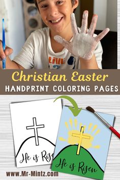 This He Is Risen Easter printable handprint art craft is perfect is an easy personalized gift for family! Celebrate Jesus this Easter with your little one with these super fun and faith-filled Handprint Art crafts! Preschool Easter Crafts Christian, Preschool Easter Crafts, Coloring Pages Christian, Easter Handprint Art, Easter Religious Crafts, Easy Personalized Gifts, Fingerprint Crafts