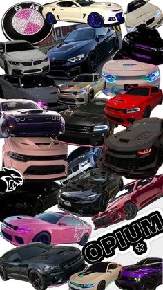 a bunch of cars that are all in different colors and sizes with the words oppuin on them