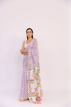 Featuring a powder lilac block printed pre-stitched saree in cotton base. It is paired with a round sqaure neckline blouse. Color: MULTICOLOR FABRIC: COTTON Delivery time 15 to 20 days Pink Block Print Mulmul Dupatta, Multicolor Cotton Pre-draped Saree With Unstitched Blouse, Pink Mulmul Dupatta With Block Print, Pink Block Print Saree Sets, White Cotton Silk Dupatta With Block Print, Pink Chanderi Saree With Block Print, White Cotton Saree With Block Print, Multicolor Block Print Pre-draped Cotton Silk Saree, Unstitched Pink Cotton Blouse Piece