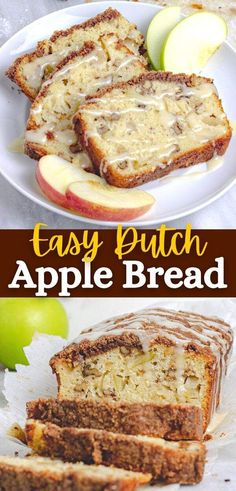 an apple bread is cut into slices and sitting on a plate