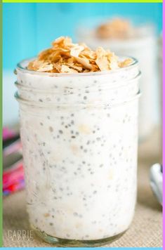 a jar filled with oatmeal sitting on top of a table