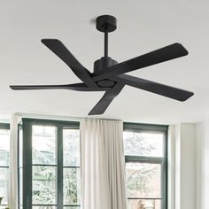 a black ceiling fan in a living room