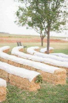 hay bales are lined up on the grass in front of a tree and bench