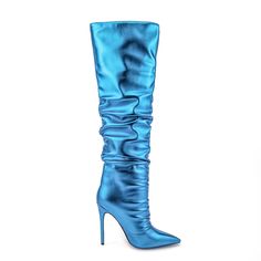 Shop Neon Metallic Blue Pointed Toe Slouch Boots Stiletto Heel Knee High Boots color Blue for Anniversary, Going out, Hanging out with worldwide Free shipping & Free return. Chic Blue High Heel Boots, Chic Blue High Heeled Boots, Elegant Blue Heels For Winter, Blue Pointed Toe Boots For Night Out, Blue Fitted Pointed Toe Heeled Boots, Chic Blue Pointed Toe Boots, Blue Heels For Evening Winter Events, Blue Heels For Evening In Winter, Blue High Heel Boots For Evening