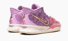 The Nike Kyrie 7 "Daughters" is a men's basketball shoe that brings new meaning to the #girldad movement.  This iteration of the Kyrie 7 honors Irving’s daughter, Azurie Elizabeth Irving, with pink “AZ” initials embroidered on the heel, along with a flower in the background and on the side of the sneaker’s pink eyelets.  To complete the detailing, “Azurie Elizabeth'' is embossed in a tiny font on each side of the pink Air Zoom Turbo Unit.  The Nike Kyrie 7 "Daughters'' was released as a two-pack Kyrie Patrick Shoes, Womens Basketball Shoes Stadium Goods, Kyrie 7 Daughters, Zapatillas Nike Basketball, Basketball Shoes Kyrie, Kyrie Irving Shoes, Nike Volleyball Shoes, Purple Basketball Shoes, Bb Shoes