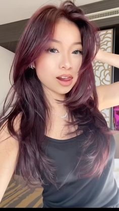 Dark Cherry Red Hair Asian, Mauve Highlights On Dark Hair, Plum Hair Pale Skin, Dark Red Hair On Asian, Dark Cherry Purple Hair, Cool Dark Red Hair, Cherry Plum Hair Color, Cherry Plum Hair, Burgundy Hair Asian