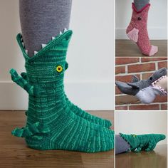 Overview:Catch of the Day is a whimsical pattern that is designed to appear like a fish eating your foot! This cuff-down pattern has a continuous scale pattern across the body of the fish, an eye socket so you know where to sew on the eyes (as well as the option to omit button eyes), fins, and curled lips!This pattern is recommended for advanced knitters or knitters who are willing to stretch their skills. This pattern may be difficult, please approach it as such. Knit cuff down, heel flap heel, Crocodile Socks, Shark Socks, Gift Holders, Shark Fishing, Stocking Gifts, Funny And Cute, Sock Animals, Warm Slippers, Cute Socks