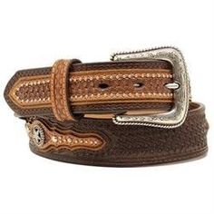 - Description This handsome belt by Nocona will be a great addition to your western wardrobe. This genuine leather belt features a basket weave design, while a fancy concho and studded light brown leather overlay adds extra visual interest. The silver-tone buckle is engraved with a western scrolling pattern, and this belt measures 1 1/2" wide. Western Brown Embroidered Belt, Western Style Brown Belt For Rodeo, Southwestern Brown Belt With Antique Buckle, Brown Concho Belt Buckles For Rodeo, Western Brown Belt With Concho, Southwestern Style Brown Concho Belt, Western Style Brown Concho Belt, Western Brown Belt For Western-themed Events, Brown Western Belt For Western-themed Events