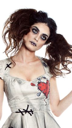 Halloween Makeup Idea for Voodoo Doll Costume Voodoo Doll Makeup, Creepy Doll Makeup, Voodoo Doll Costume, Doll Makeup Halloween, Makeup Doll, Creepy Halloween Makeup, Doll Halloween Costume, Halloween Makeup Scary, Scary Dolls