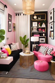 a living room with pink and black furniture, striped rugs, gold accents and potted plants