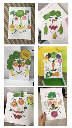 four different pictures of fruits and vegetables on paper