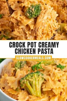 crock pot creamy chicken pasta with broccoli and cheese in a white bowl