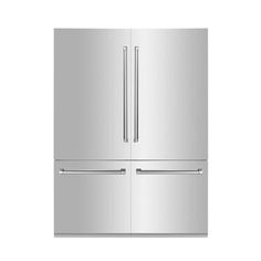 a stainless steel refrigerator freezer sitting on top of a white wall with two doors