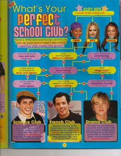 the front cover of what's your perfect school club? magazine with pictures of young people