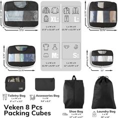 Amazon.com: Veken 8 Set Packing Cubes for Suitcases, Travel Essentials for Carry on, Luggage Organizer Bags Set for Travel Accessories in 4 Sizes (Extra Large, Large, Medium, Small), Black : Clothing, Shoes & Jewelry Suitcases Travel, Travel Luggage Packing, Carry On Packing Tips, Luggage Organizer, Black Luggage, Suitcase Organization, Travel Size Toiletries, Mens Toiletry Bag, Packing Organizers