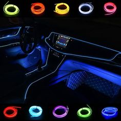 the interior of a car with various colored lights