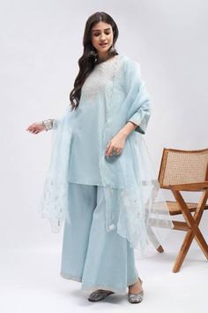 Pastel blue kurta with floral pattern and contrast zari placement embroidery. Paired with flared palazzo and embroidered bordered dupatta. - Aza Fashions Placement Embroidery, Dupatta Style, Kurta Palazzo Set, Flared Palazzo, Blue Kurta, Palazzo Set, Zari Work, Silk Organza, Pants Pattern