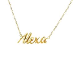 Experience timeless elegance with our 14K Gold Personalized Script Nameplate Necklace. Choose from 8 different fonts and 2 sizes to create a unique piece that reflects your individual style. Each necklace comes with a chain of your choice, making it the perfect personalized accessory. Elevate your look and stand out with this stunning necklace. Item Information Metal: 14k Gold Approx. Weight: Mini - 2.20g Standard - 2.80g Lowercase Letter Height: Mini - 4mm Standard - 5.5mm Customizable Classic Yellow Gold Necklaces, Classic Customizable Yellow Gold Necklaces, Classic Customizable Yellow Gold Necklace, Elegant Yellow Gold Jewelry With Engraved Text, Gold Nameplate Necklace With Engraved Text, Gold Engraved Nameplate Necklace, Signature Yellow Gold Engraved Necklaces, Classic Gold Necklace With Engraved Text, Signature Engraved Yellow Gold Necklaces