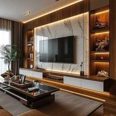 the living room is decorated in modern style with wood and marble accents, along with an entertainment center