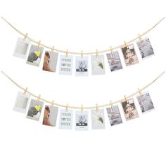 several polaroid photos hanging on a line with clothes pins attached to the clothes pegs