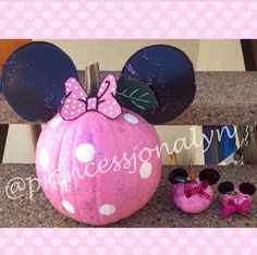 minnie mouse pumpkin decorated with pink and white polka dots